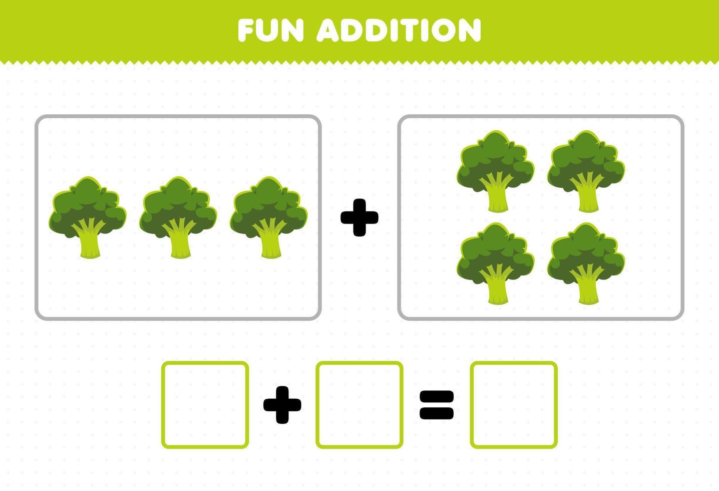 Education game for children fun addition by counting cartoon vegetable broccoli pictures worksheet vector