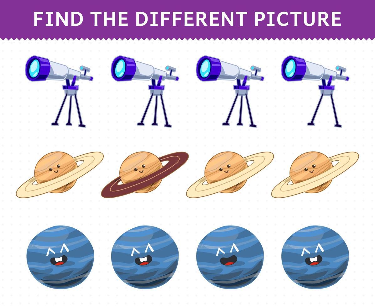 juego educativo para niños encuentra la imagen diferente en cada fila dibujos animados lindo sistema solar telescopio saturno neptuno planeta vector