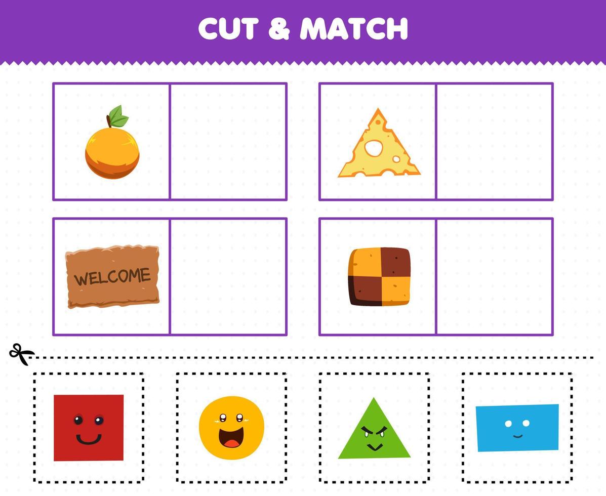 Education game for children cut and match the same picture of cute cartoon shape circle orange triangle cheese rectangle mat square biscuit vector