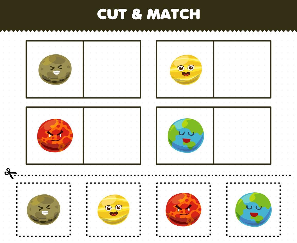 Education game for children cut and match the same picture of cute cartoon solar system mercury venus mars earth planet vector