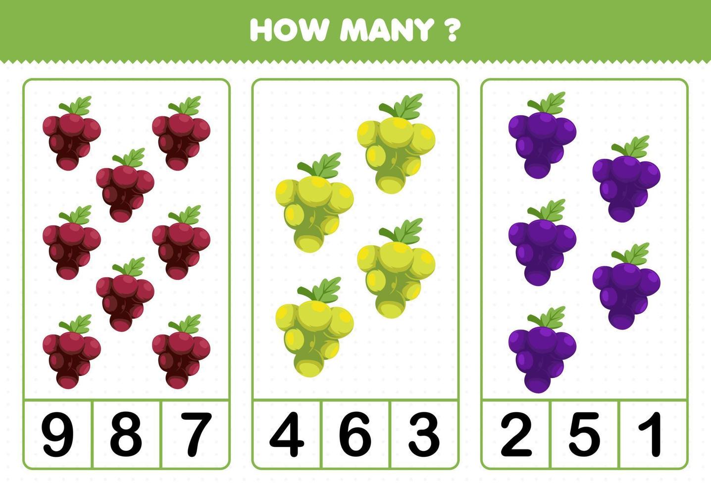 Education game for children counting how many cartoon fruits grapes vector
