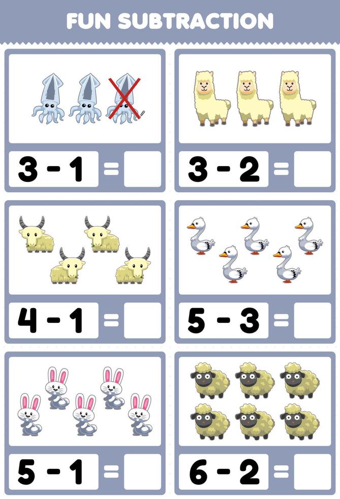 Education game for children fun subtraction by counting and eliminating cute cartoon white animal pictures vector