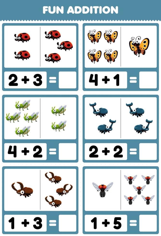 Education game for children fun addition by counting and sum cute cartoon insect animal ladybug butterfly grasshopper beetle fly pictures worksheet vector