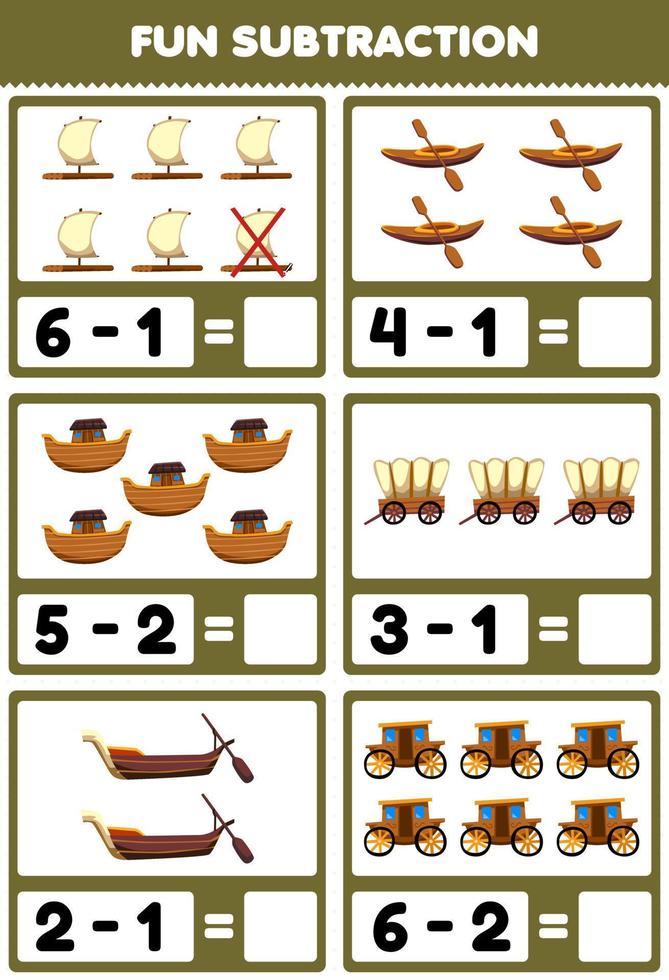 Education game for children fun subtraction by counting and eliminating cartoon wood transportation pictures vector