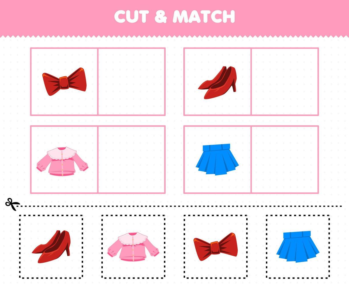 Education game for children cut and match the same picture of cartoon wearable clothes ribbon heel blouse skirt vector