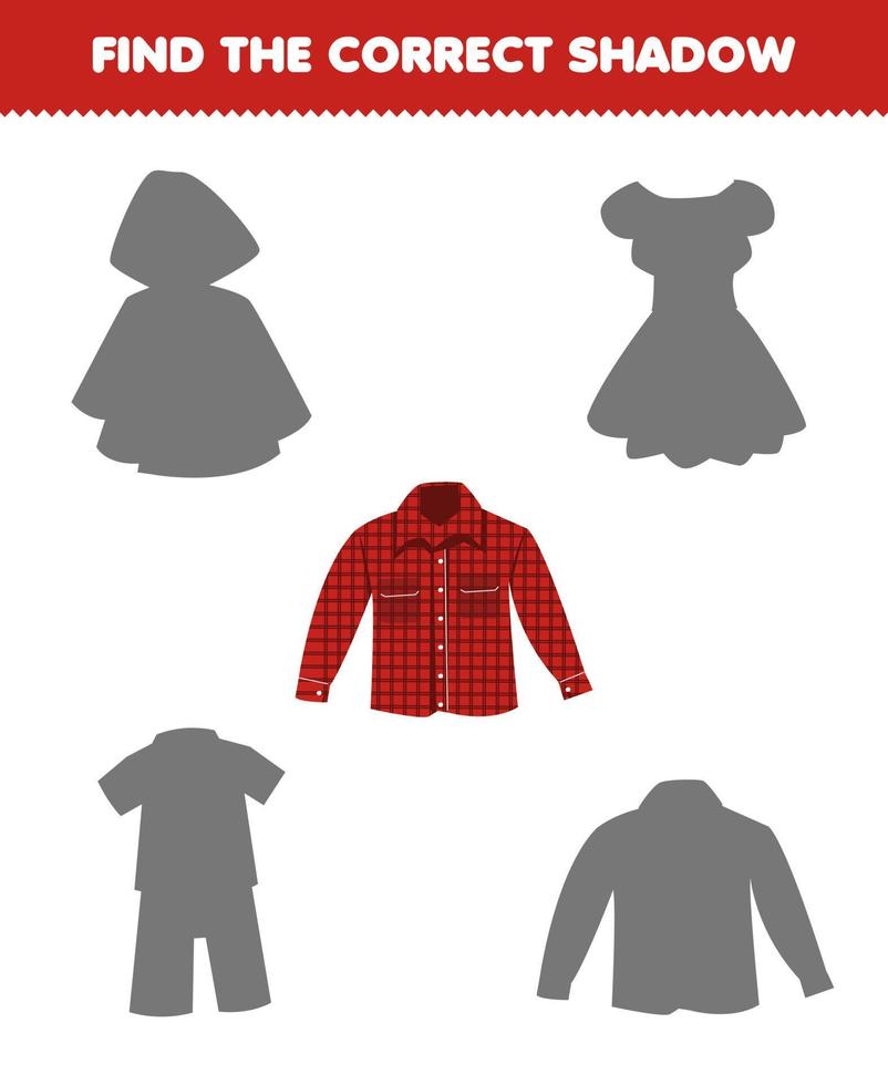 Education game for children find the correct shadow set of cartoon wearable clothes flannel vector