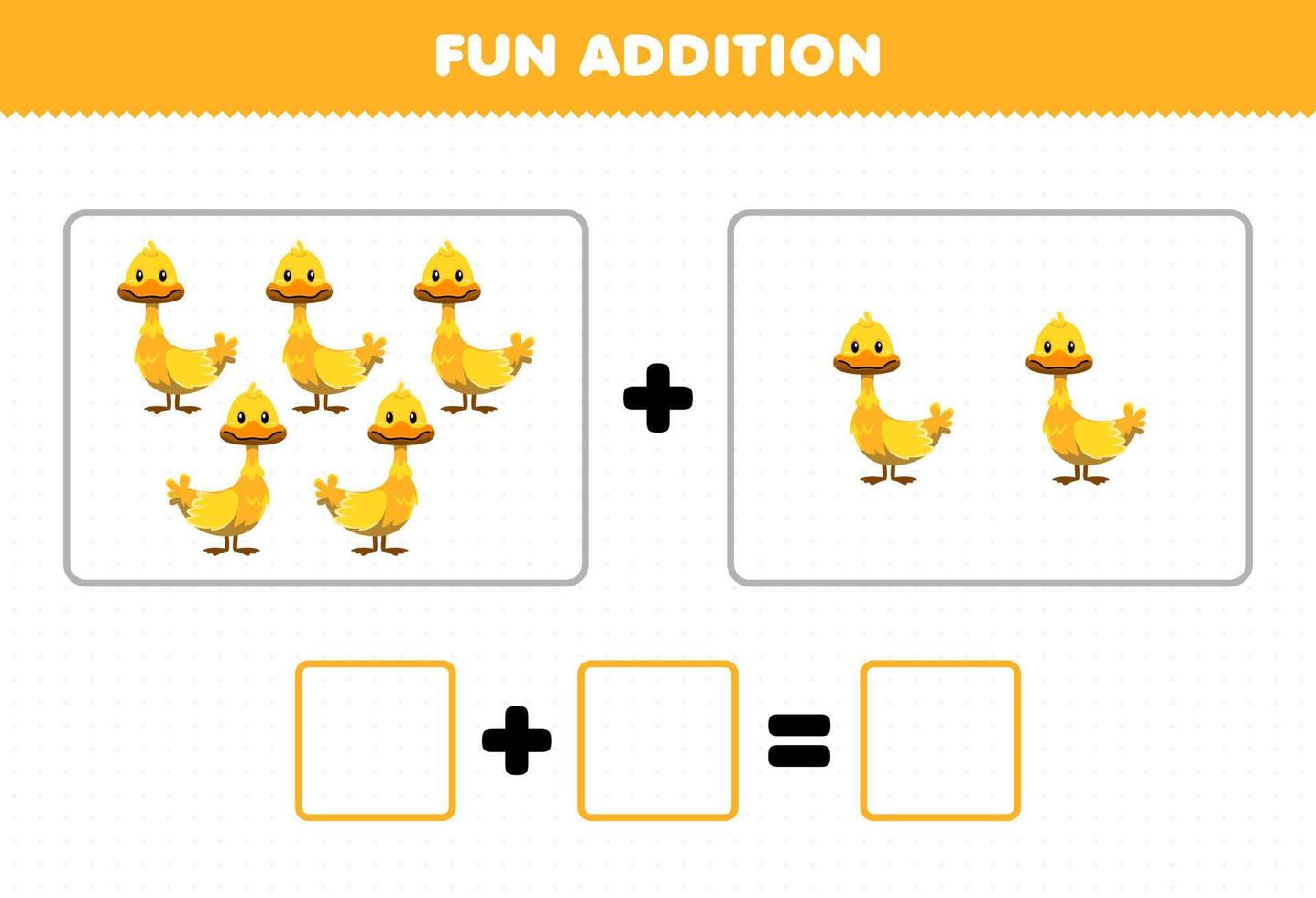 Education game for children fun addition by counting cute cartoon animal duck pictures worksheet vector