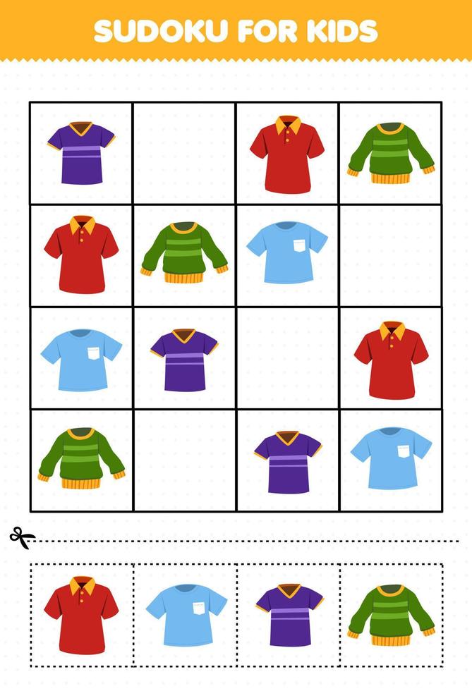 Education game for children sudoku for kids with cartoon wearable clothes jersey sweater polo shirt picture vector