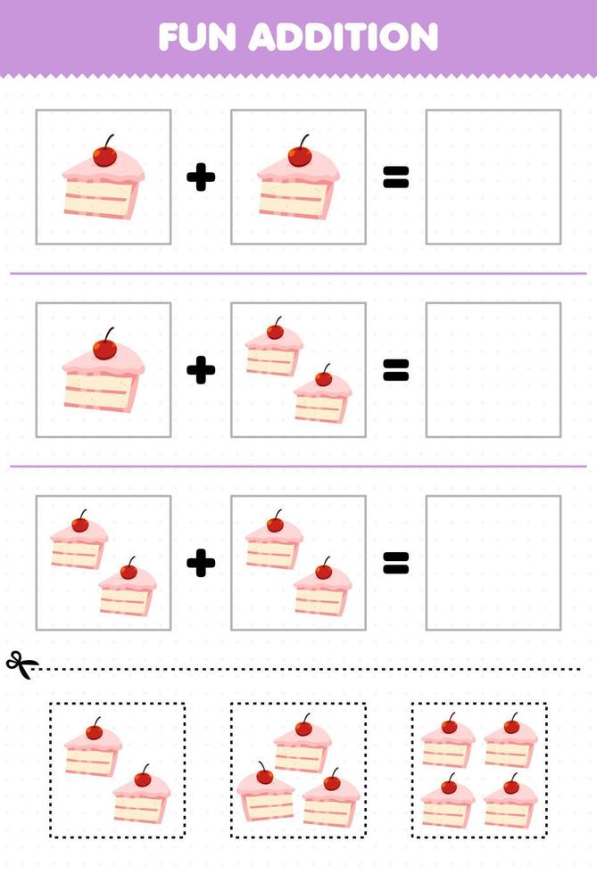 Education game for children fun addition by cut and match cartoon food cake pictures worksheet vector