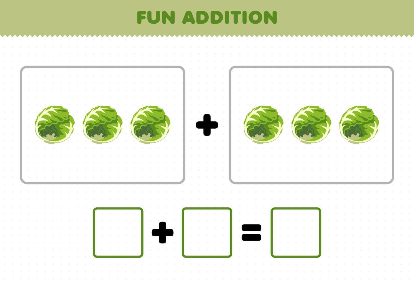 Education game for children fun addition by counting cartoon vegetable cabbage pictures worksheet vector