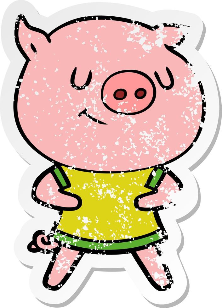 distressed sticker of a happy cartoon pig vector