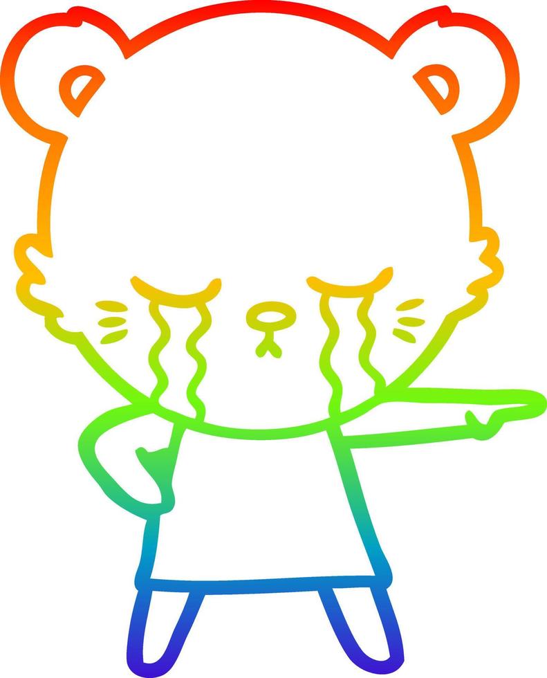 rainbow gradient line drawing crying cartoon bear in dress pointing vector