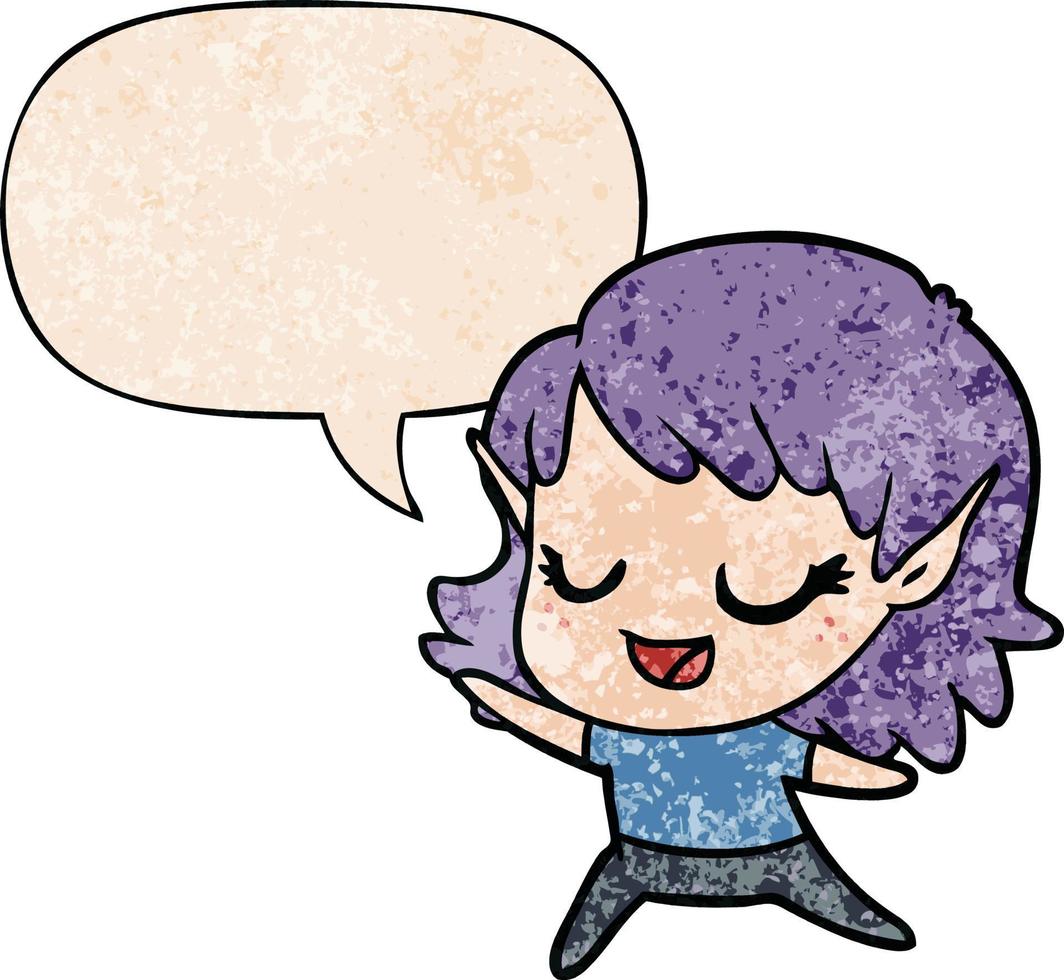 carton happy elf girl dancing and speech bubble in retro texture style vector