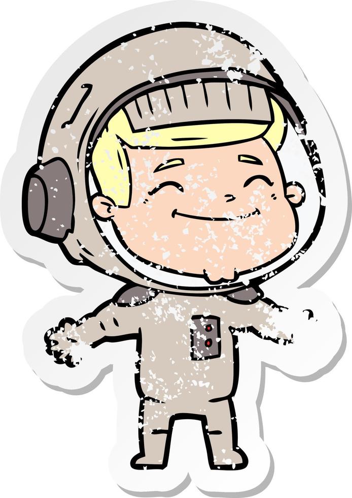 distressed sticker of a happy cartoon astronaut vector