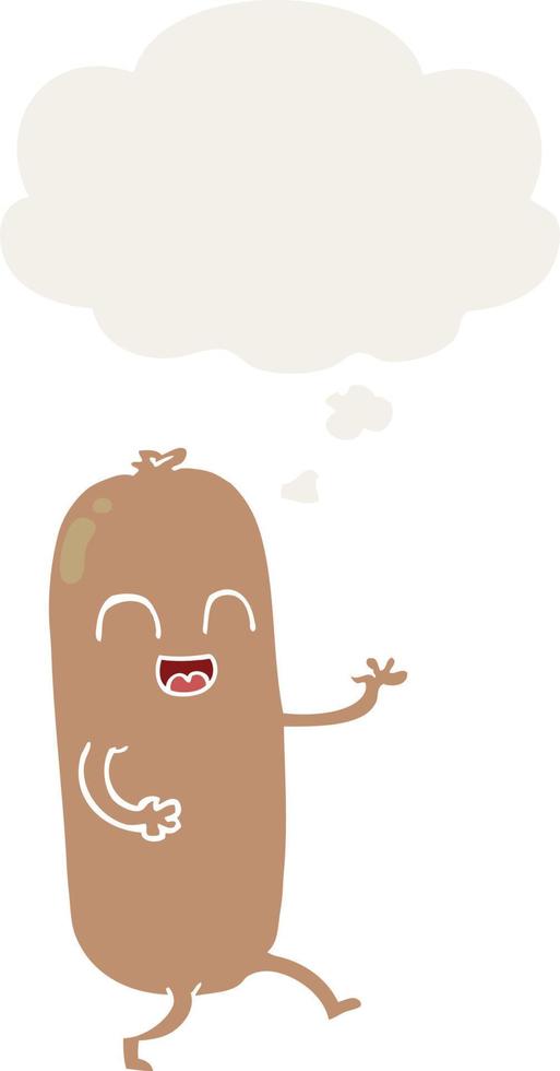 cartoon dancing sausage and thought bubble in retro style vector