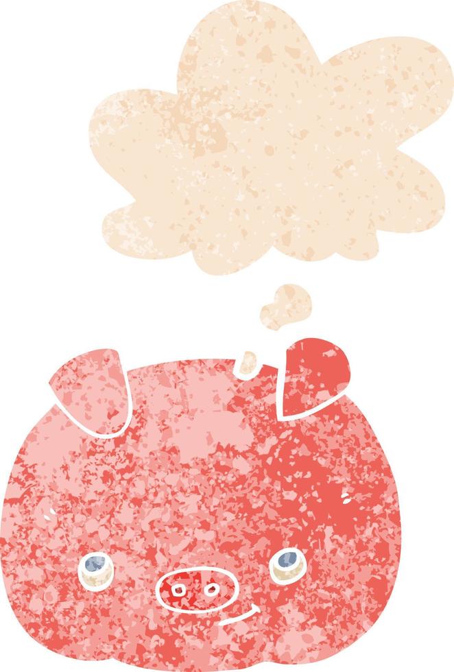 cartoon happy pig and thought bubble in retro textured style vector
