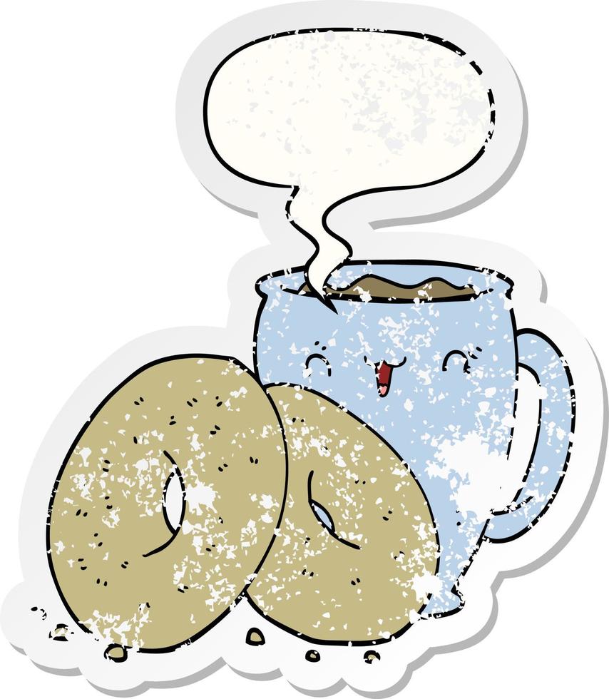 cartoon coffee and donuts and speech bubble distressed sticker vector