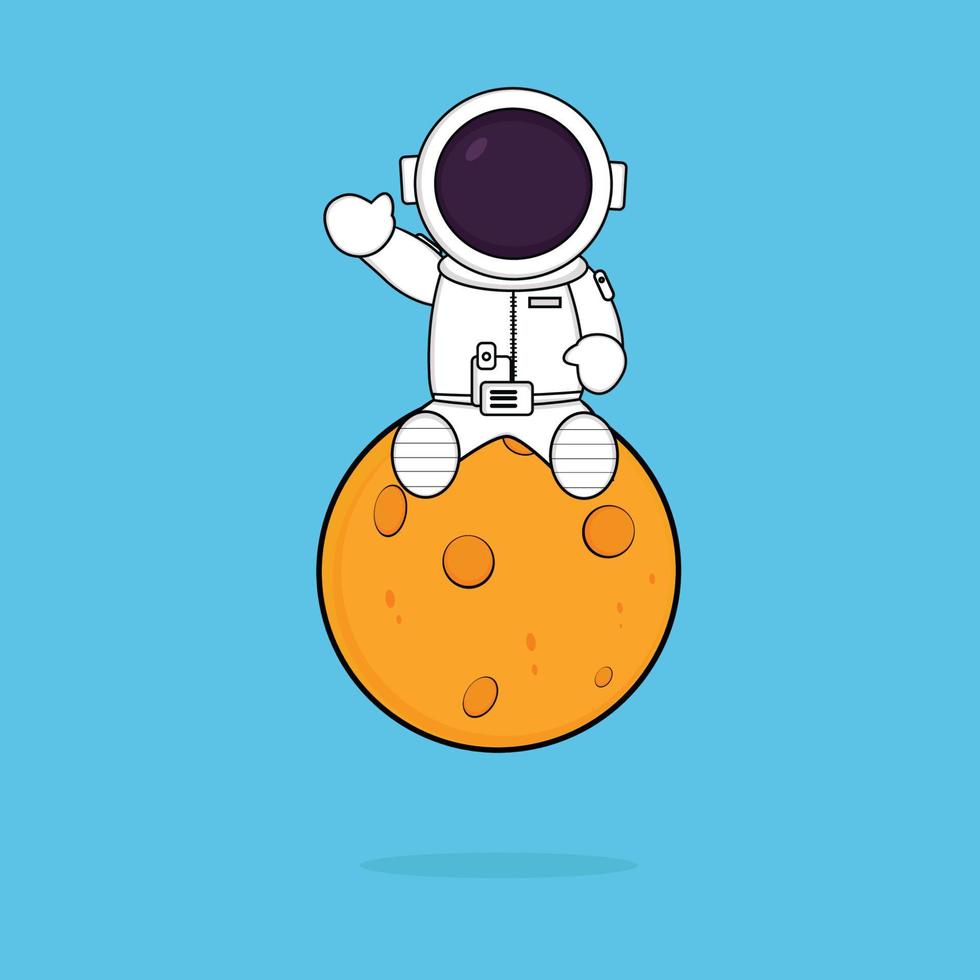 lindo astronauta sentado en la luna saludando vector