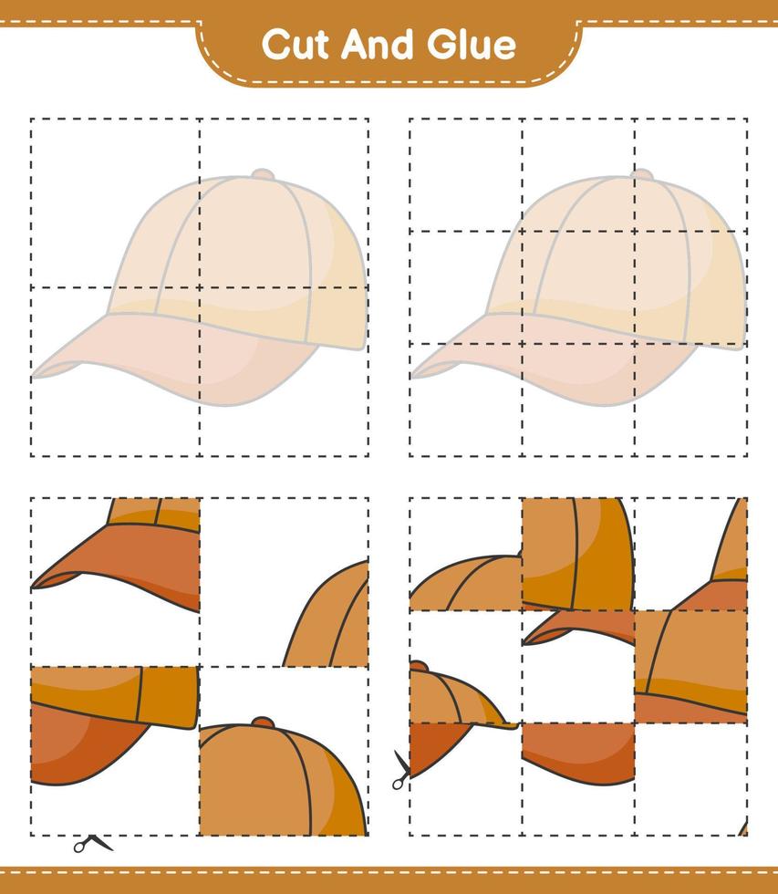 Cut and glue, cut parts of Cap Hat and glue them. Educational children game, printable worksheet, vector illustration