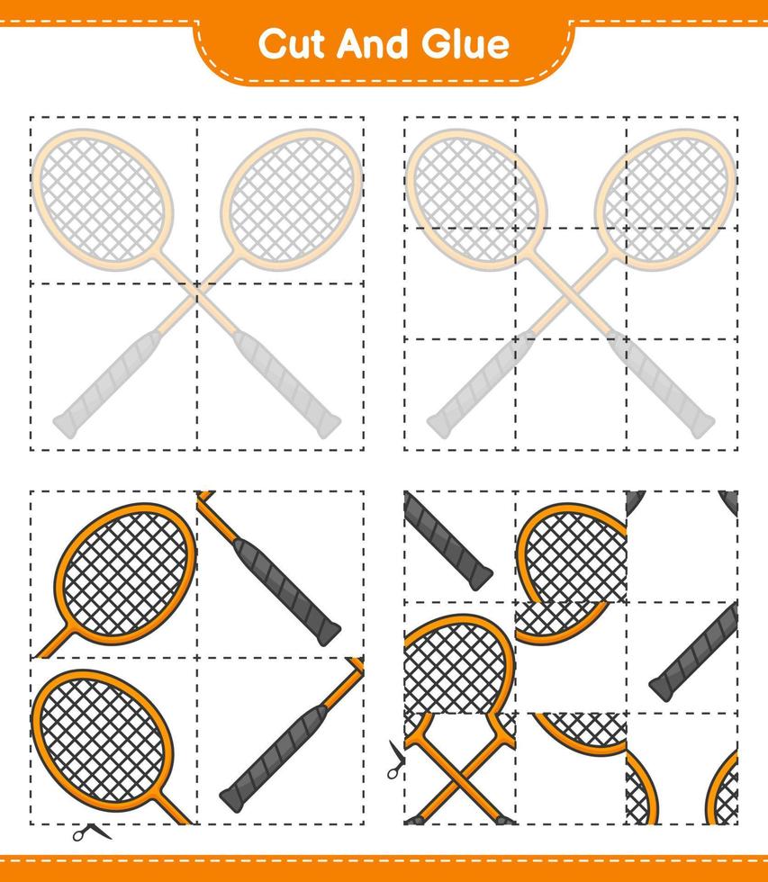 cortar y pegar, cortar partes de raquetas de bádminton y pegarlas. juego educativo para niños, hoja de cálculo imprimible, ilustración vectorial vector