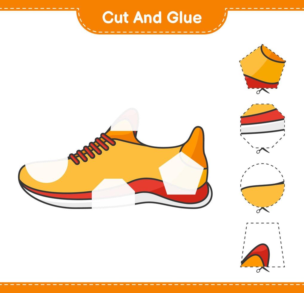 cortar y pegar, cortar partes de zapatillas y pegarlas. juego educativo para niños, hoja de cálculo imprimible, ilustración vectorial vector