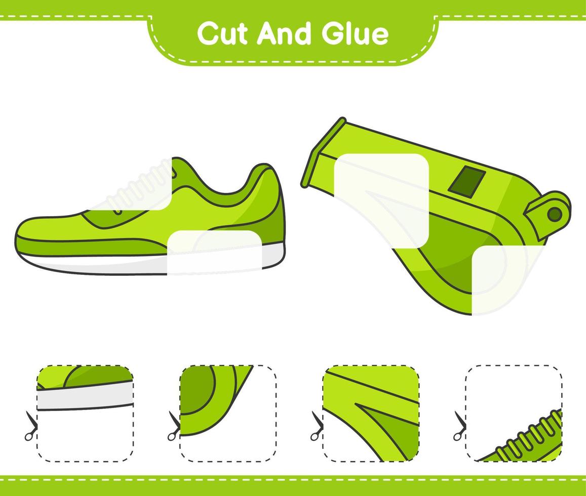 cortar y pegar, cortar partes de zapatillas, silbar y pegarlas. juego educativo para niños, hoja de cálculo imprimible, ilustración vectorial vector