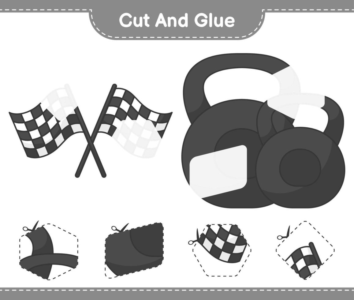 Cut and glue, cut parts of Racing Flags, Dumbbell and glue them. Educational children game, printable worksheet, vector illustration