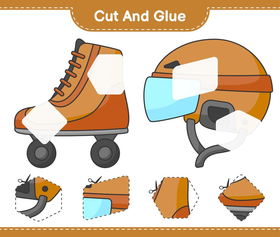 Cut and glue, cut parts of Roller Skate, Hockey Helmet and glue them. Educational children game, printable worksheet, vector illustration