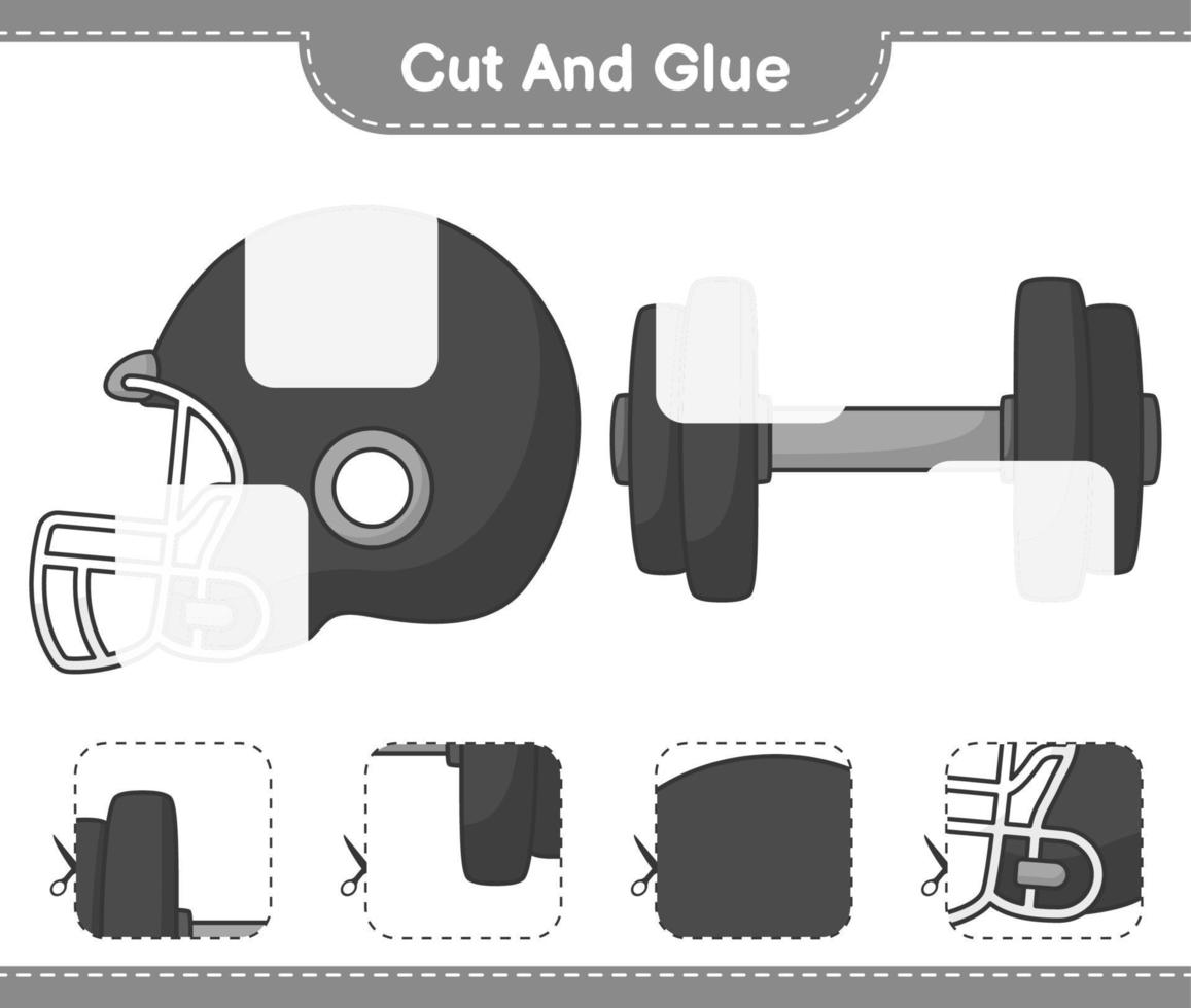 Cut and glue, cut parts of Football Helmet, Dumbbell and glue them. Educational children game, printable worksheet, vector illustration