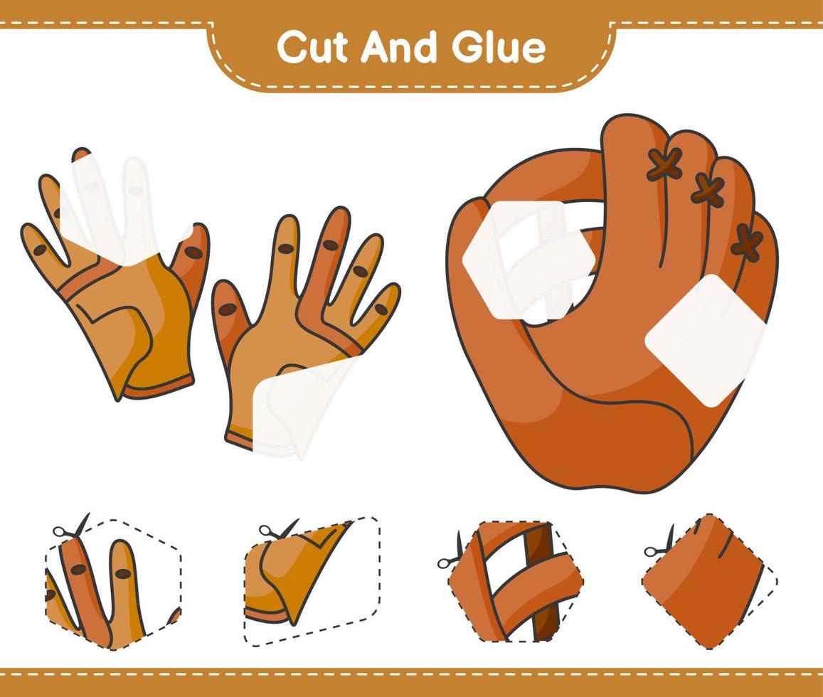 Cut and glue, cut parts of Golf Gloves, Baseball Glove and glue them. Educational children game, printable worksheet, vector illustration