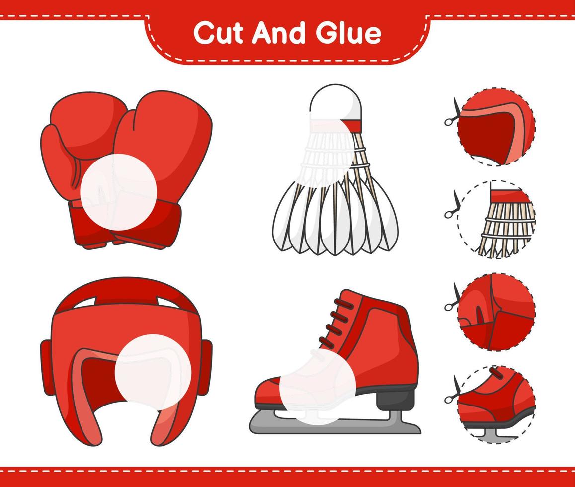 Cut and glue, cut parts of Boxing Gloves, Shuttlecock, Boxing Helmet, Ice Skates and glue them. Educational children game, printable worksheet, vector illustration