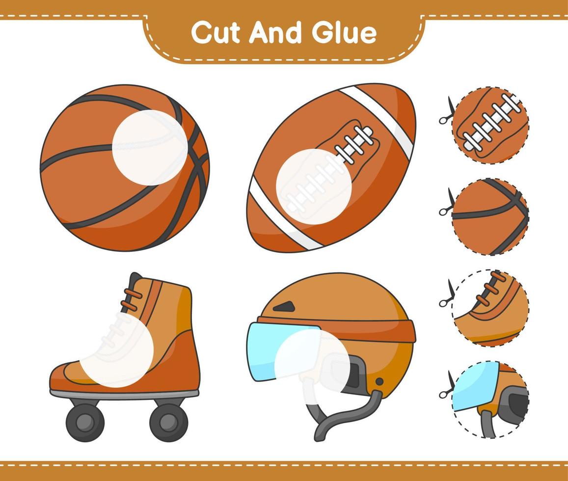 Cut and glue, cut parts of Hockey Helmet, Roller Skate, Basketball, Soccer Ball and glue them. Educational children game, printable worksheet, vector illustration