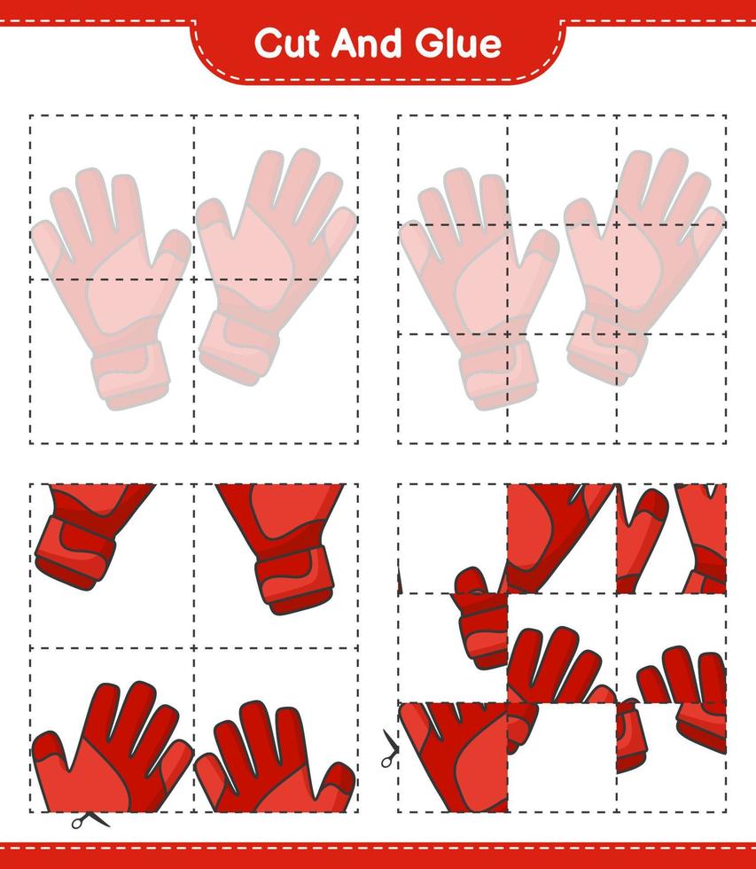 Cut and glue, cut parts of Goalkeeper Gloves and glue them. Educational children game, printable worksheet, vector illustration