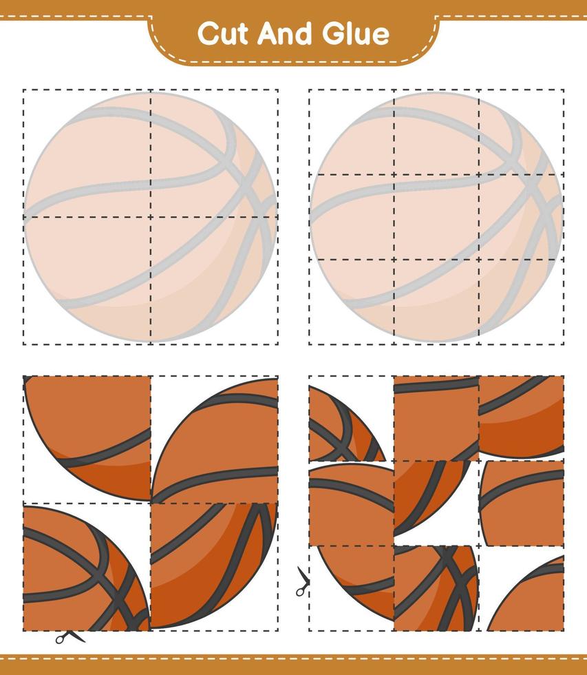 corta y pega, corta partes de baloncesto y pégalas. juego educativo para niños, hoja de cálculo imprimible, ilustración vectorial vector