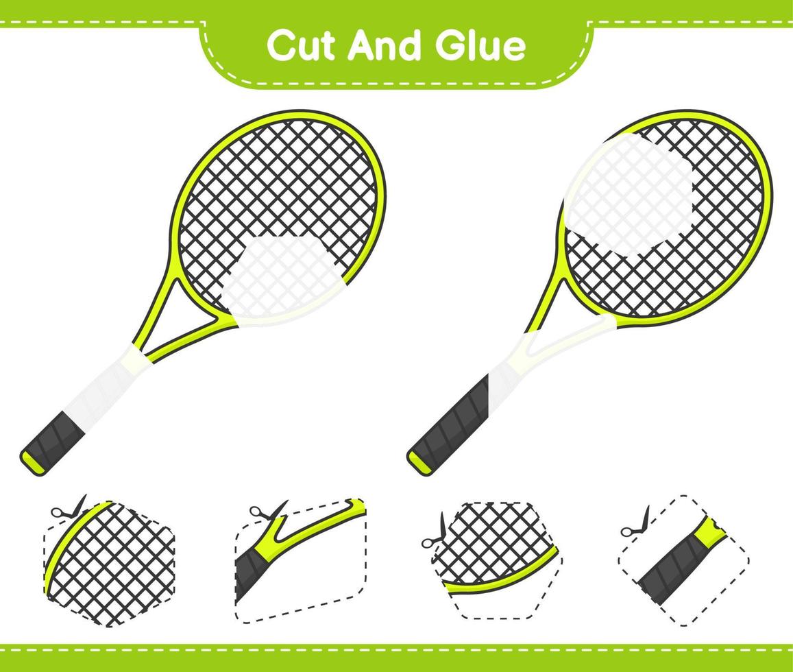 cortar y pegar, cortar partes de la raqueta de tenis y pegarlas. juego educativo para niños, hoja de cálculo imprimible, ilustración vectorial vector
