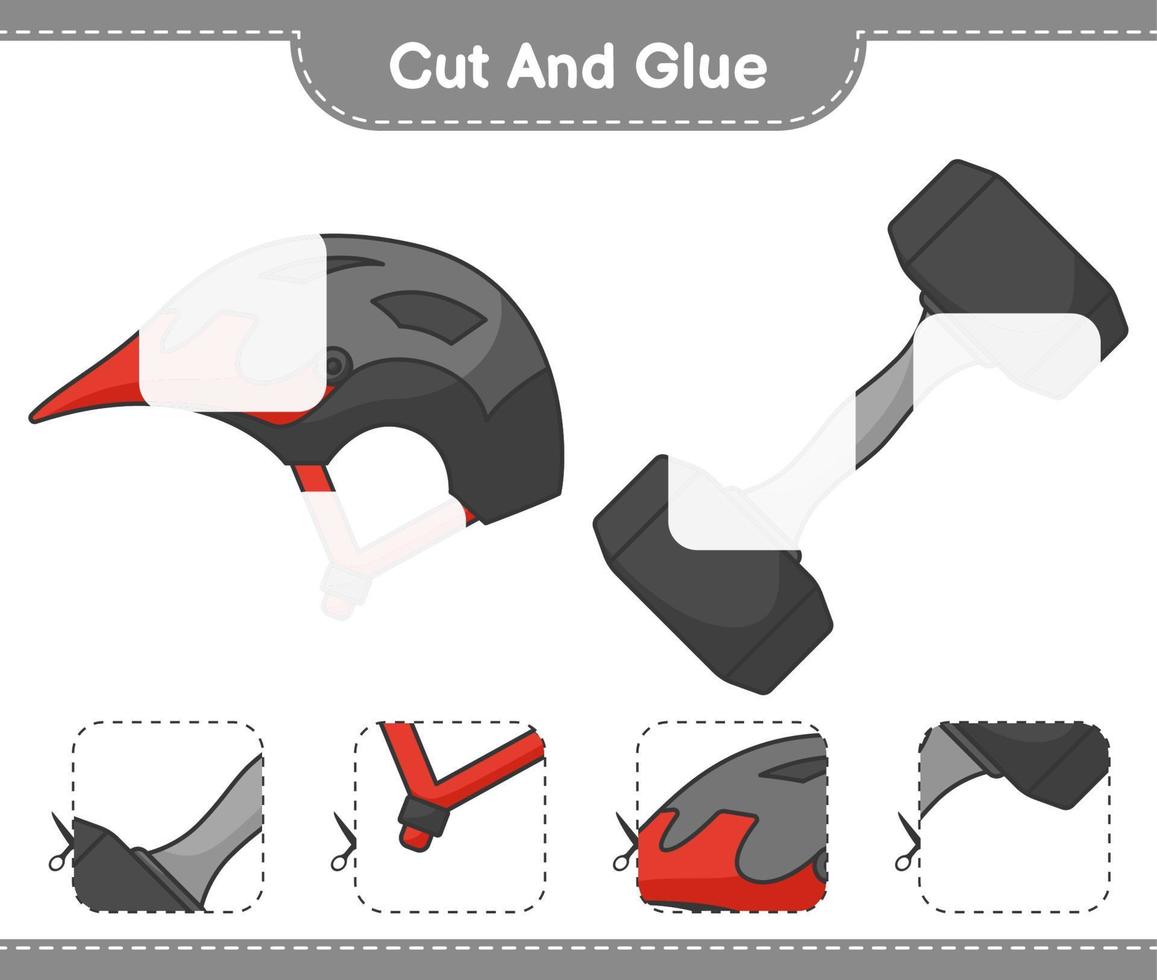 Cut and glue, cut parts of Bicycle Helmet, Dumbbell and glue them. Educational children game, printable worksheet, vector illustration