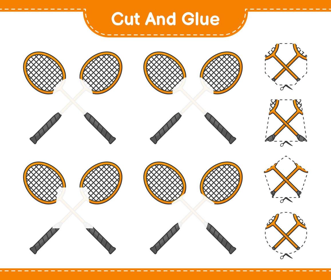 Cut and glue, cut parts of Badminton Rackets and glue them. Educational children game, printable worksheet, vector illustration