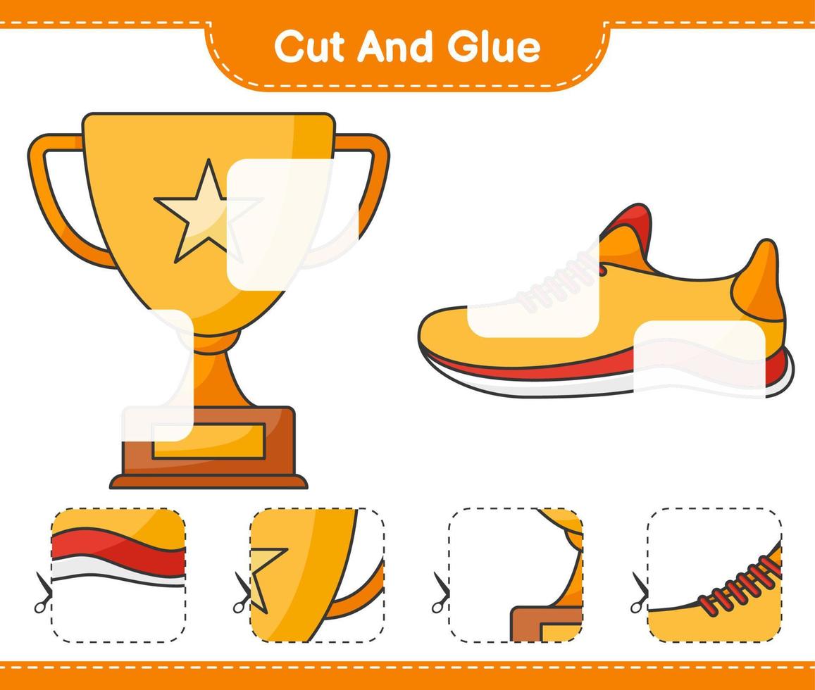 cortar y pegar, cortar partes del trofeo, zapatillas deportivas y pegarlas. juego educativo para niños, hoja de cálculo imprimible, ilustración vectorial vector