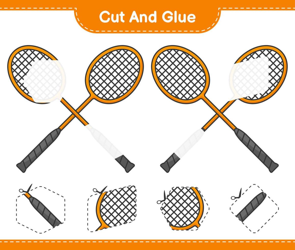 cortar y pegar, cortar partes de raquetas de bádminton y pegarlas. juego educativo para niños, hoja de cálculo imprimible, ilustración vectorial vector