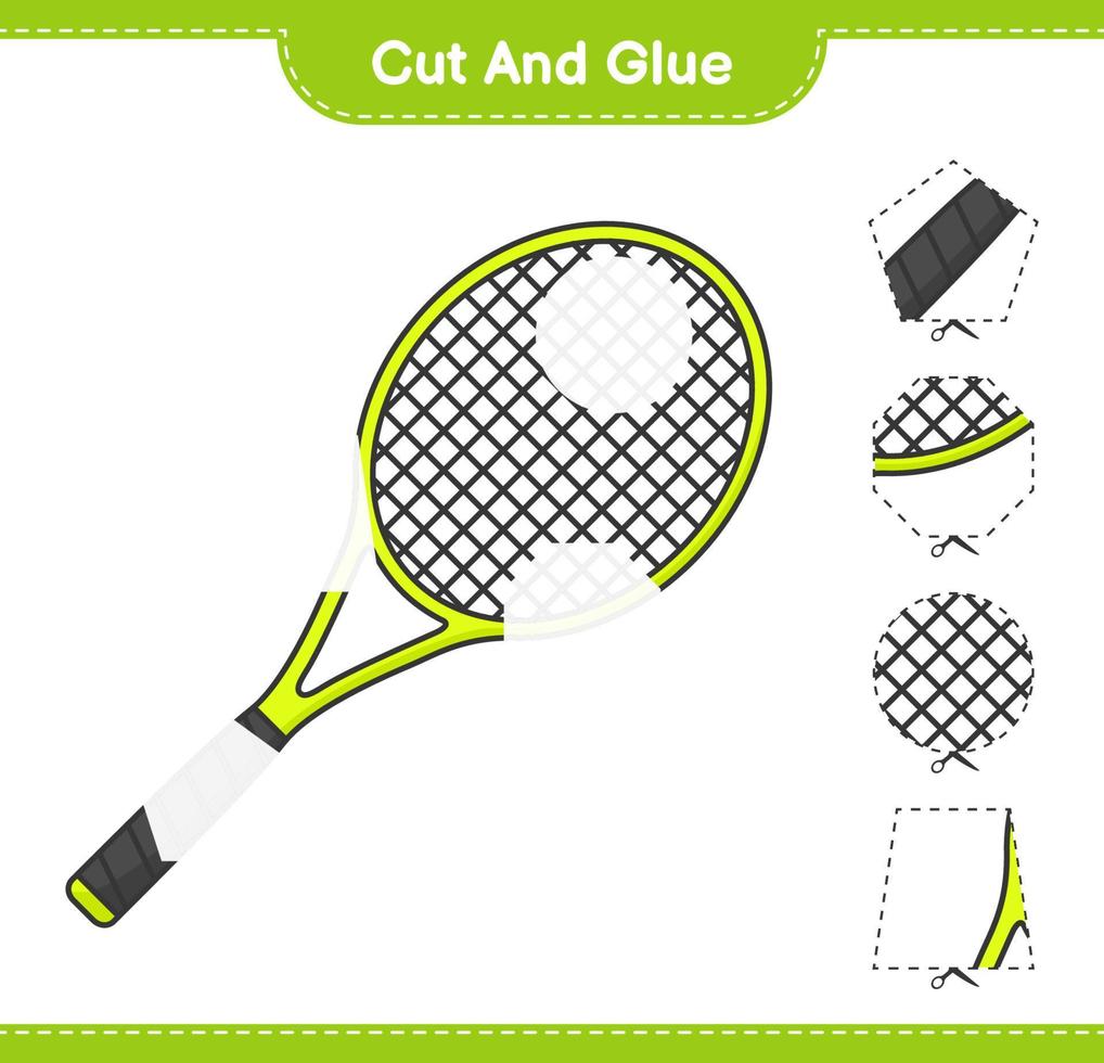 Cut and glue, cut parts of Tennis Racket and glue them. Educational children game, printable worksheet, vector illustration