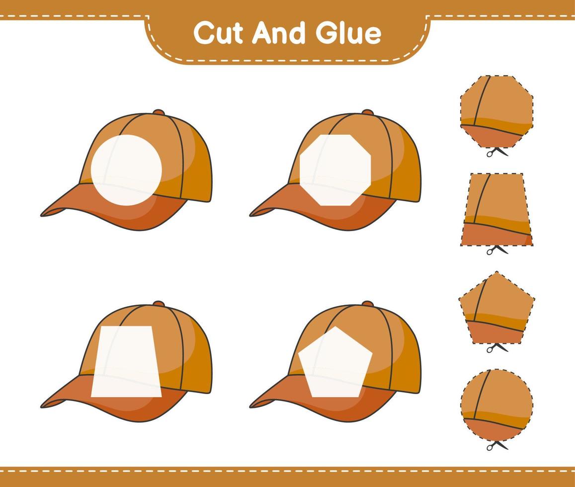 corta y pega, corta partes de la gorra y pégalas. juego educativo para niños, hoja de cálculo imprimible, ilustración vectorial vector