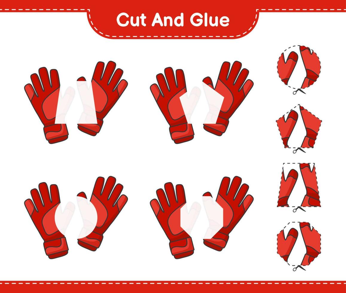 Cut and glue, cut parts of Goalkeeper Gloves and glue them. Educational children game, printable worksheet, vector illustration