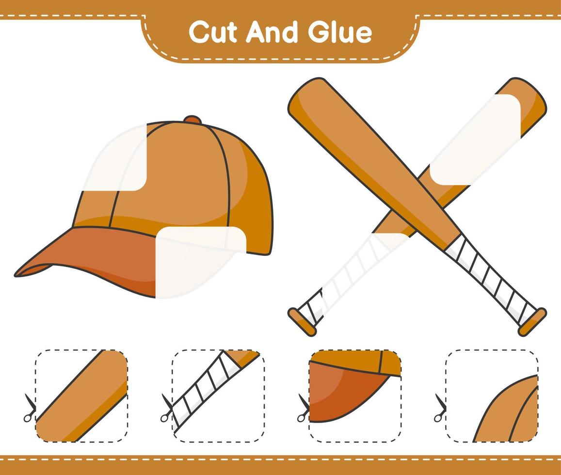 corte y pegue, corte partes de la gorra, el bate de béisbol y péguelas. juego educativo para niños, hoja de cálculo imprimible, ilustración vectorial vector