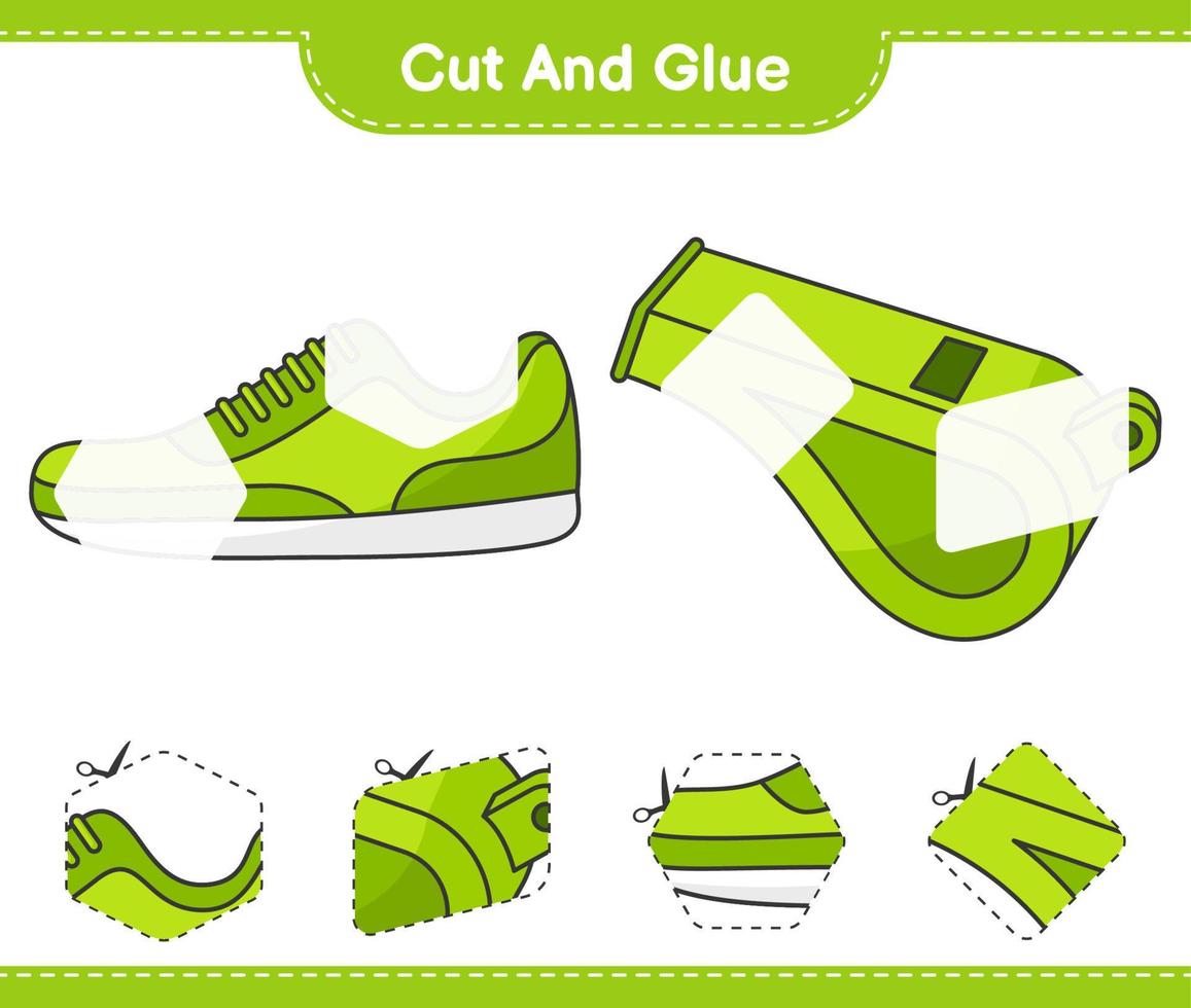 Cut and glue, cut parts of Sneaker, Whistle and glue them. Educational children game, printable worksheet, vector illustration