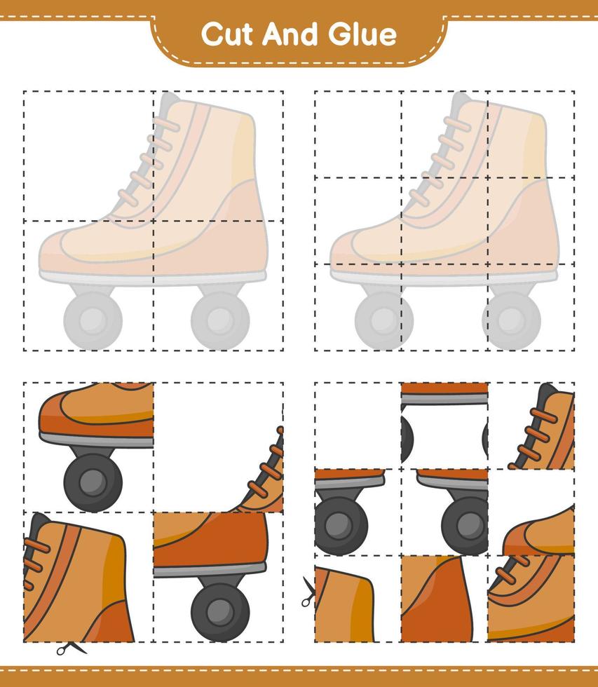 cortar y pegar, cortar partes de patines y pegarlas. juego educativo para niños, hoja de cálculo imprimible, ilustración vectorial vector