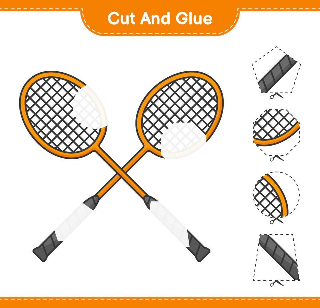 Cut and glue, cut parts of Badminton Rackets and glue them. Educational children game, printable worksheet, vector illustration