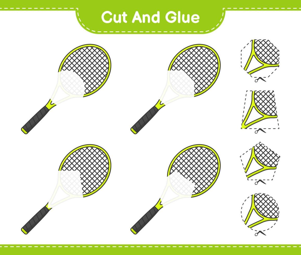 Cut and glue, cut parts of Tennis Racket and glue them. Educational children game, printable worksheet, vector illustration