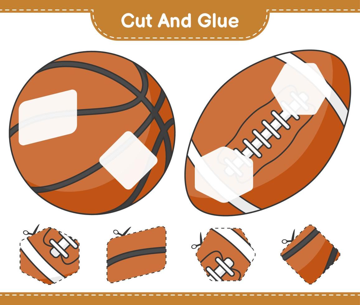 cortar y pegar, cortar partes de baloncesto, pelota de rugby y pegarlas. juego educativo para niños, hoja de cálculo imprimible, ilustración vectorial vector