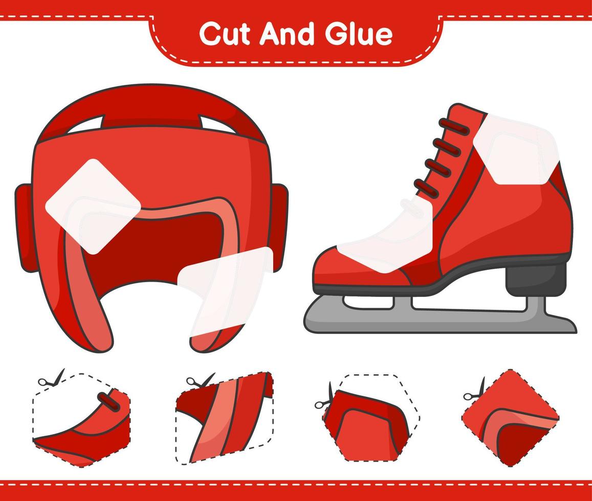 Cut and glue, cut parts of Boxing Helmet, Ice Skates and glue them. Educational children game, printable worksheet, vector illustration
