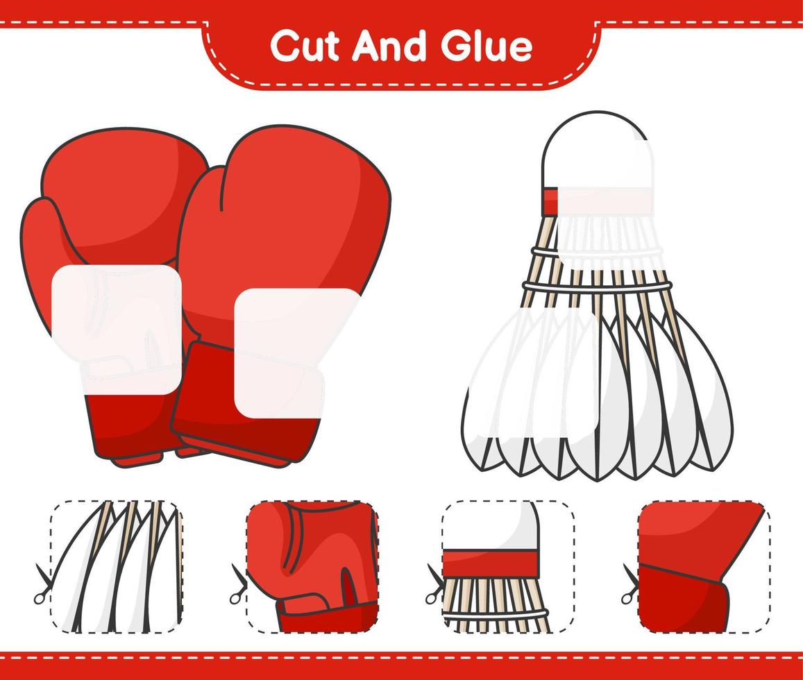 Cut and glue, cut parts of Boxing Gloves, Shuttlecock and glue them. Educational children game, printable worksheet, vector illustration